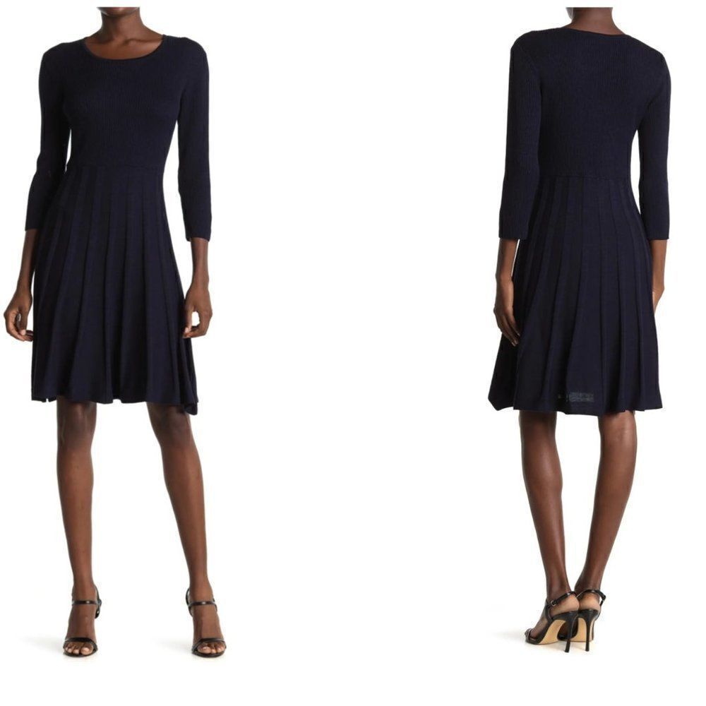 Nina Leonard Blue Pleated Skirt Fit & Flate Sweater Dress‎ Size Large